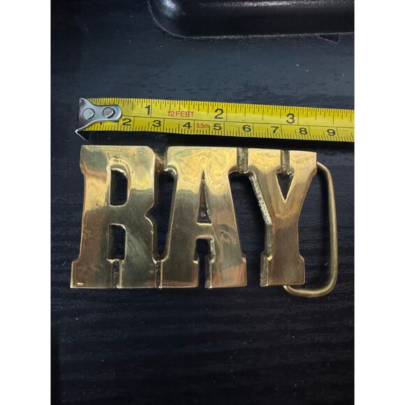 Vintage 70s RAY Solid Brass Belt Buckle Western Retro Gold Block - Picture 2 of 6
